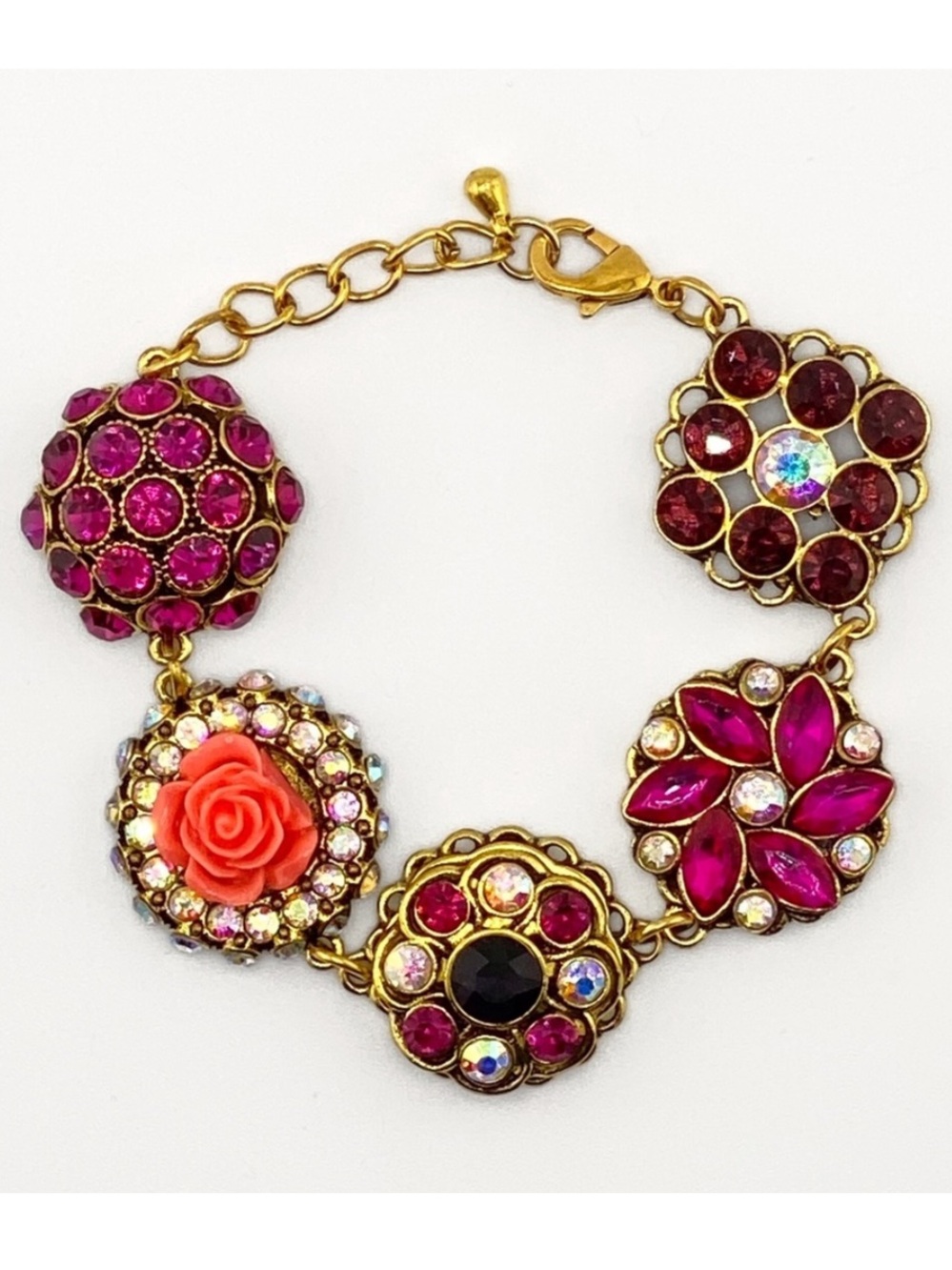 Gold Tone Rhinestone Floral Bracelet